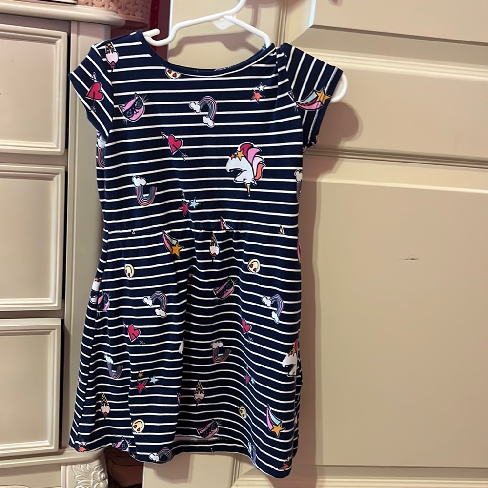 Girls striped rumi Ryder dress size 4/5 blue and white with unicorn